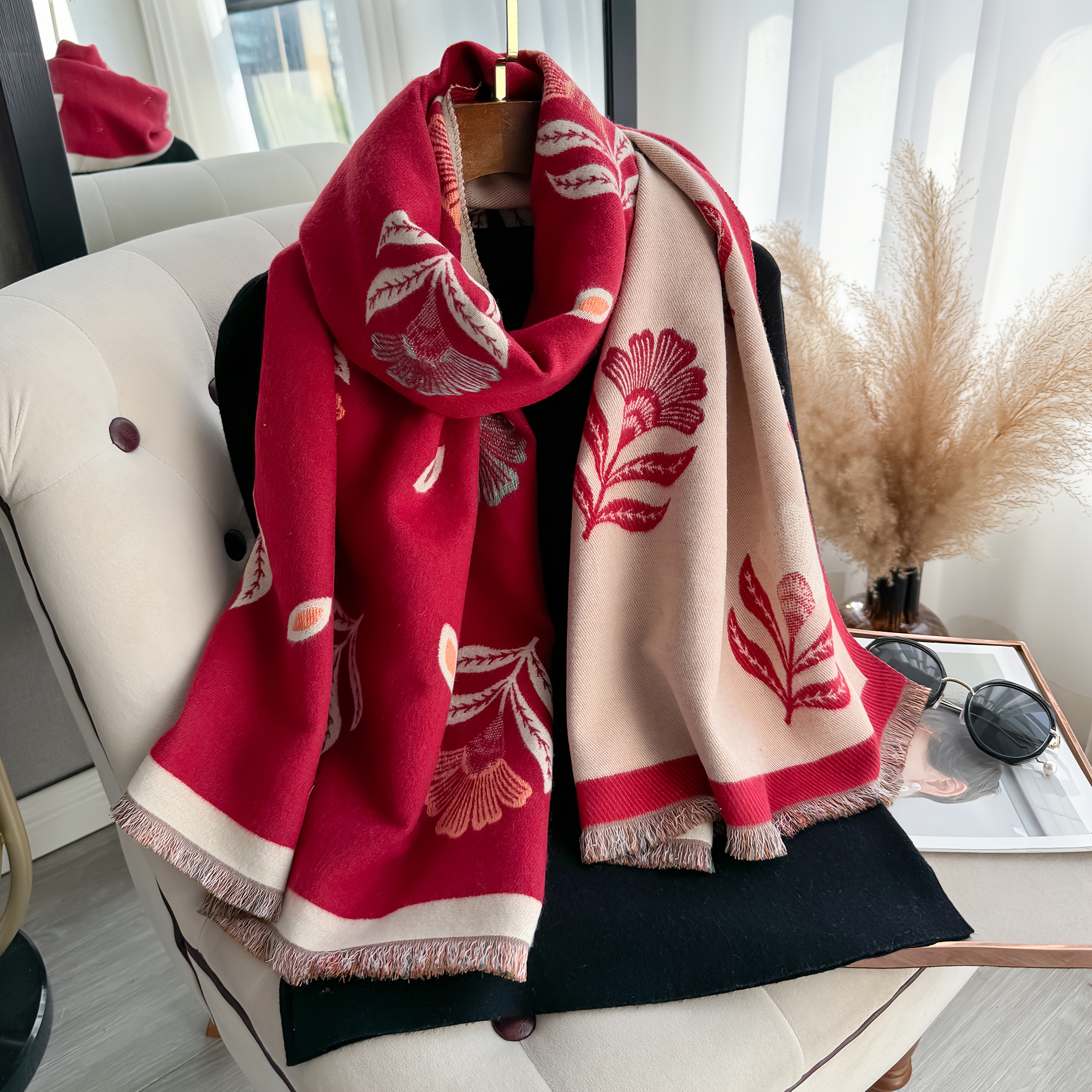 1pc IROJEFF ' Elegant Pashmina Shawl Wrap - Soft Thick Winter Scarf & Shawl with Gray & Orange Leaf Print, Tassels - Warm Cozy Outfits for Outdoors, Parties, Travel - Luxury Jacet Compatible Accessory (Hand/Dry)