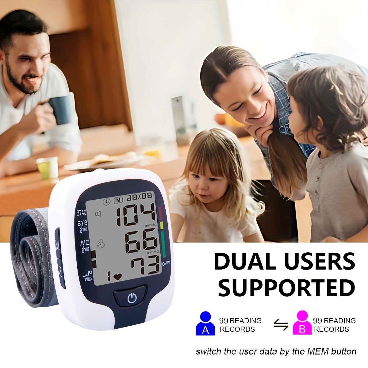   wrist   lcd display adjustable cuffs arrhythmia and   monitor   broadcast and easy to read lcd screen to show your blood pressure battery powered battery not included Product details 0