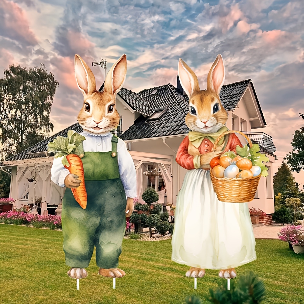 

2-pack Large Easter Bunny & Bunny Stakes, Plastic Outdoor Lawn Decor, Non-electric, No Battery Needed, Rabbit Theme Holiday Decoration For Easter
