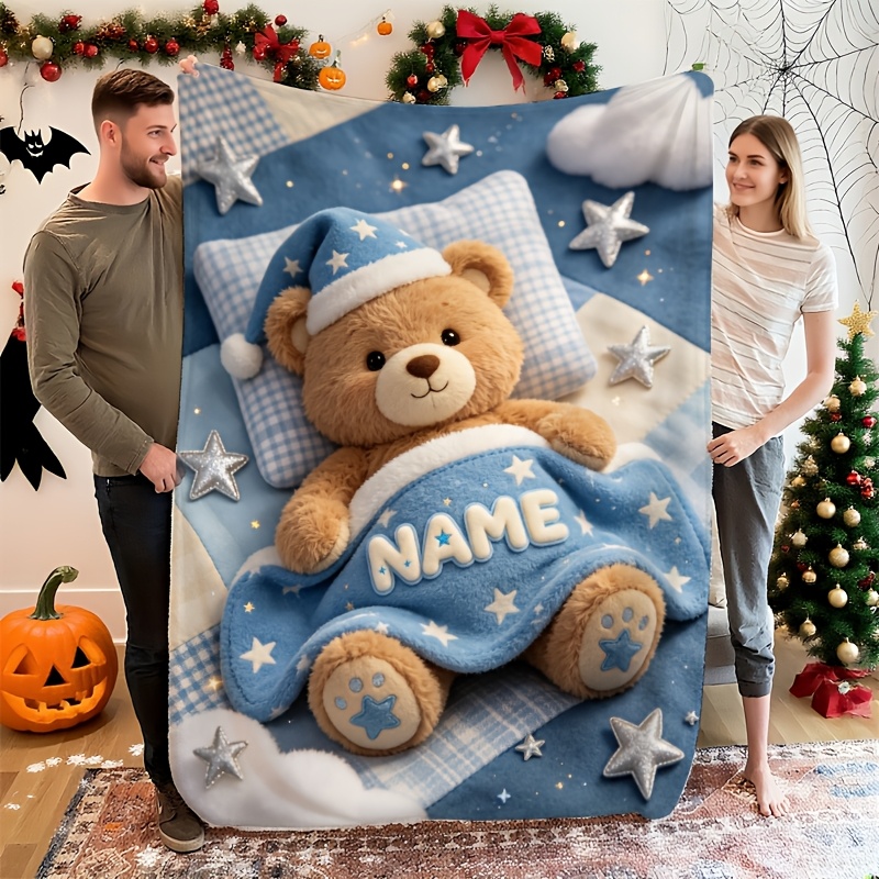 TEMU 1pc Blue Plaid Cap Teddy Bear 3d Texture Printed Blanket, Soft And Warm Style, Supports Custom Name, Casual Blanket With Single-sided Printing,