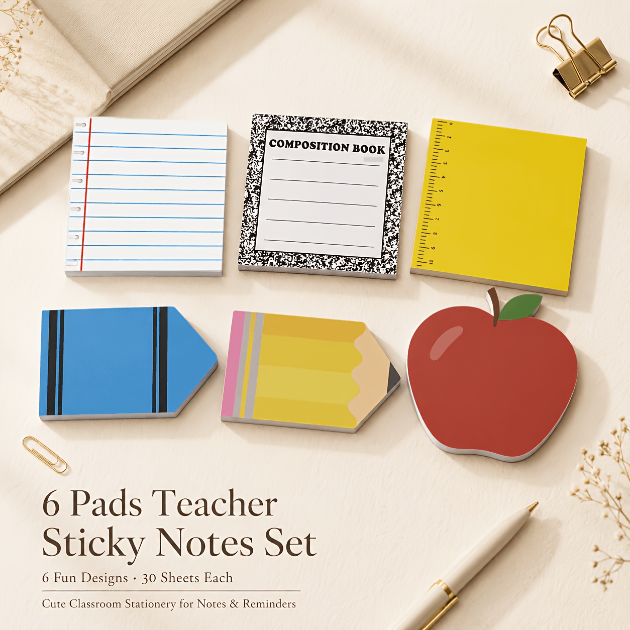 TEMU Teacher Sticky Notes And Office, 6 Pads 3x3 Inch Cute Self Stick Notepads, Adhesive Memo Pads For Classroom, Student Rewards, Teacher Desk