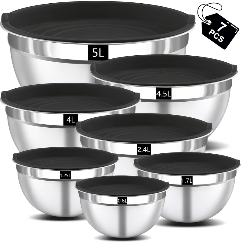TEMU 7pcs Premium Stainless Steel Salad Bowl Set With Lids, Stackable Salad Bowl Set, Durable Thickened Bowls, Suitable For Salads, Dishwasher And