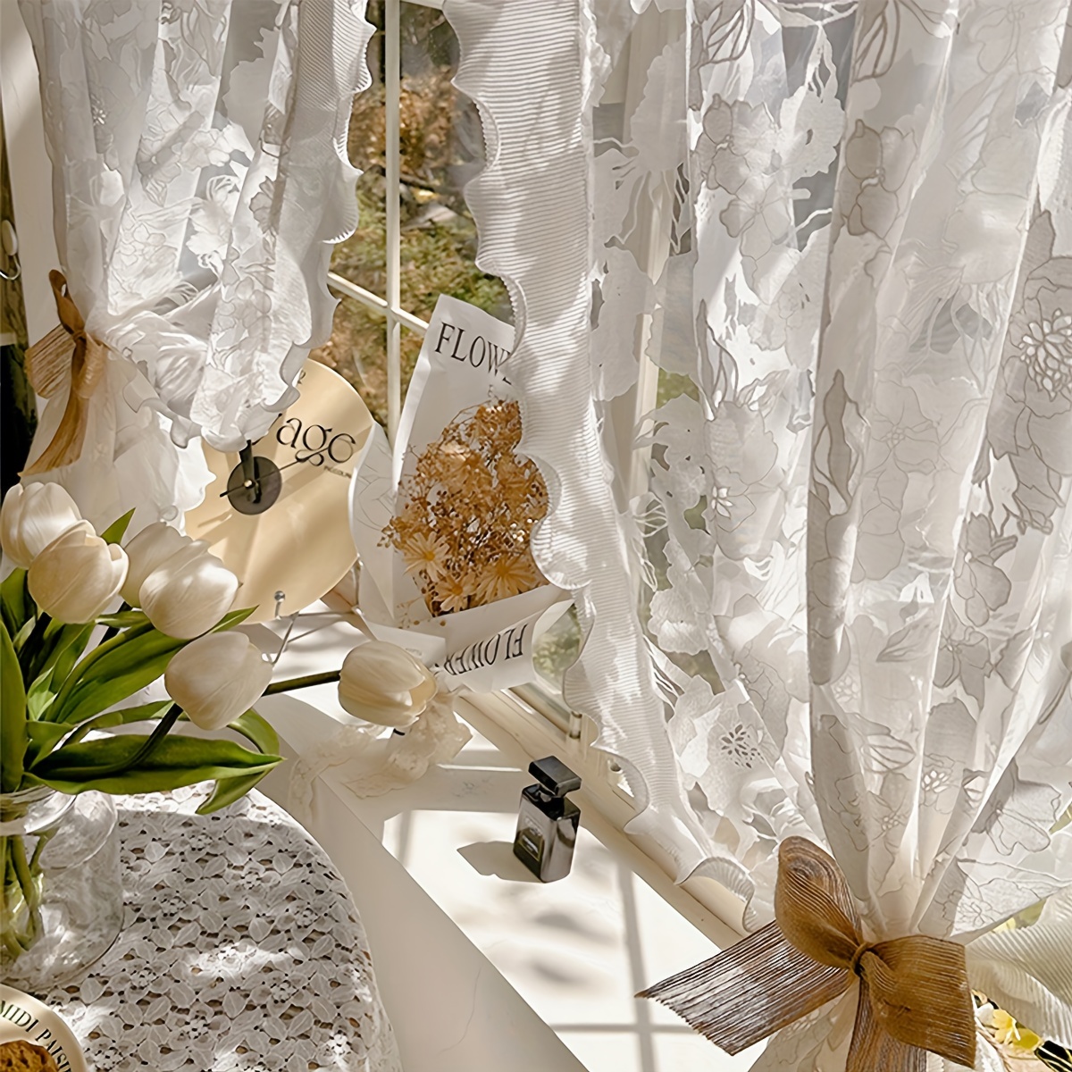 1pc flower rose sheer curtain french romantic white yarn curtain bedroom floating window   room curtain macrame sheer curtain home decor details 3