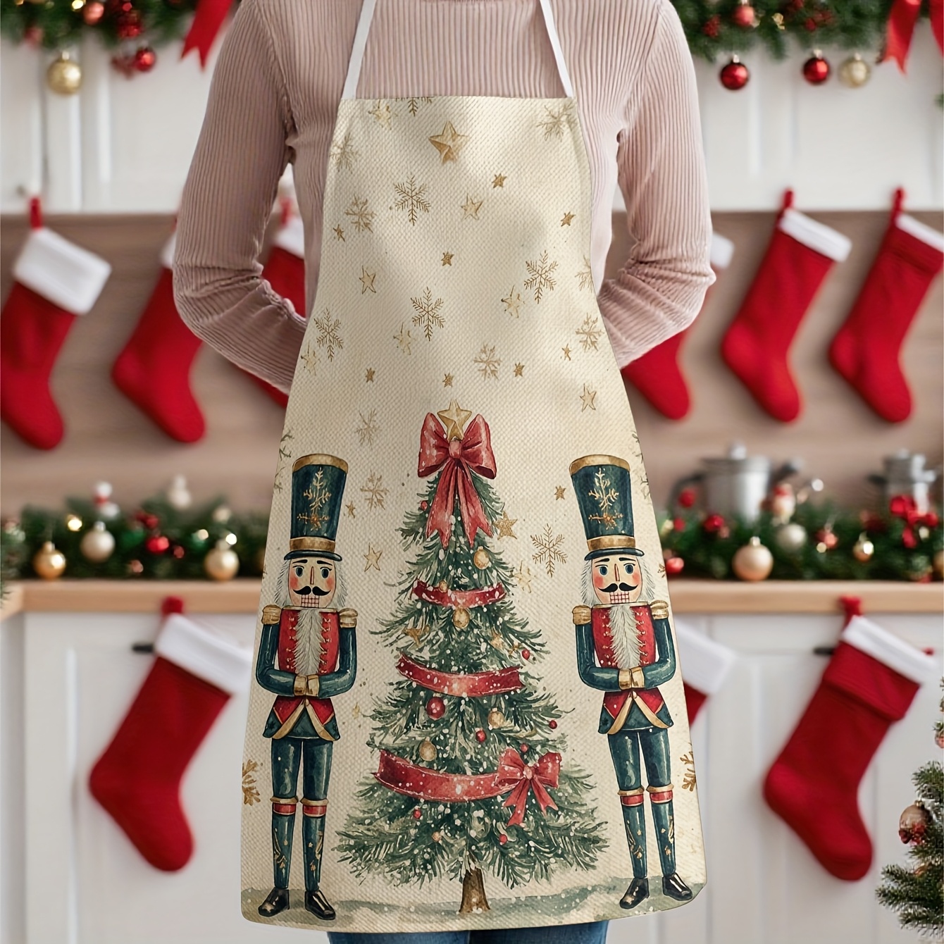 TEMU 1pc Christmas Nutcracker Themed Printed Apron, Suitable For Work, Parties, Cooking, And Various Holidays And Dining Occasions