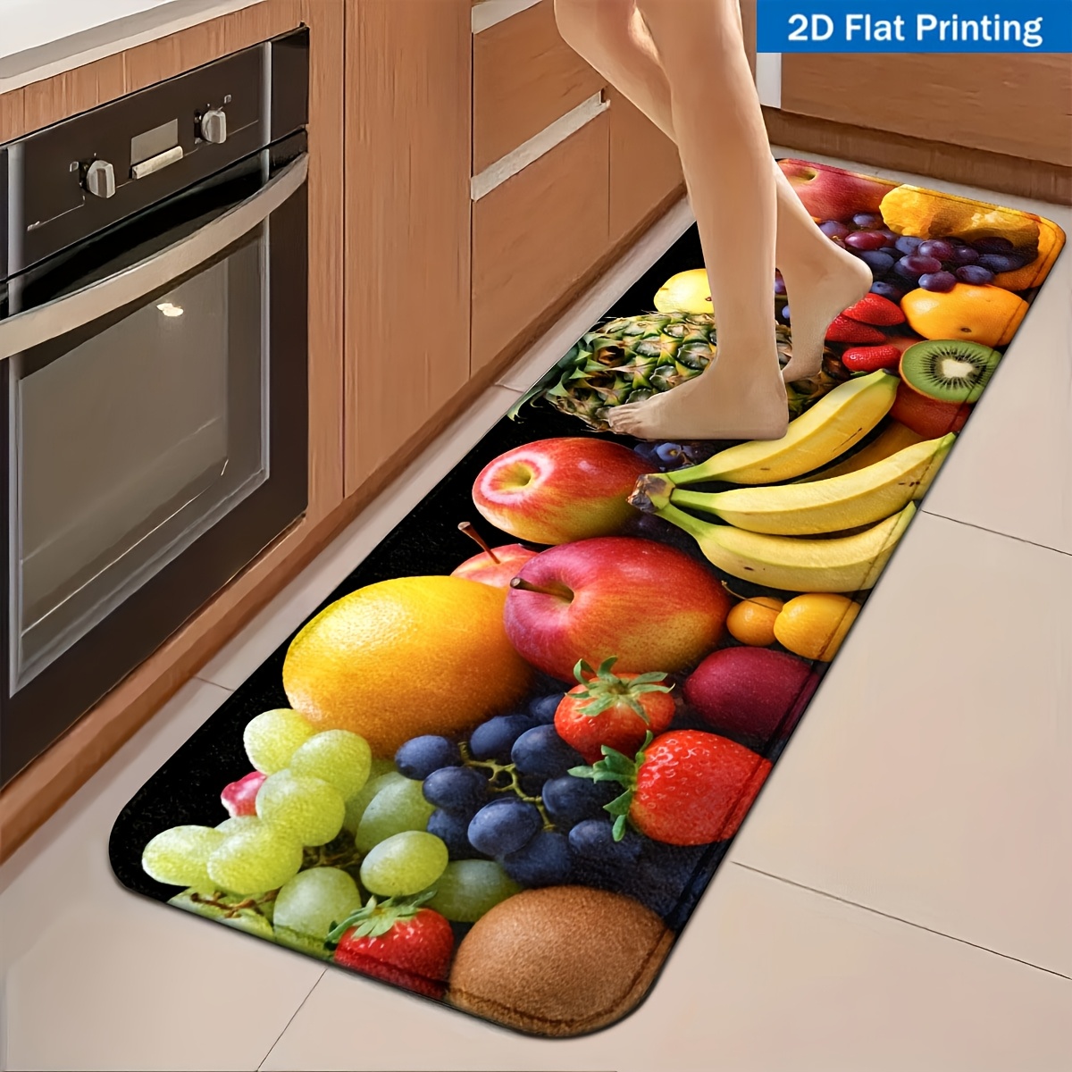 TEMU 1 tapis de cuisine, tapis de cuisine à motif de fruits avec impression plate HD 2D, matériau doux en molleton, fond en plastique antidérapant,