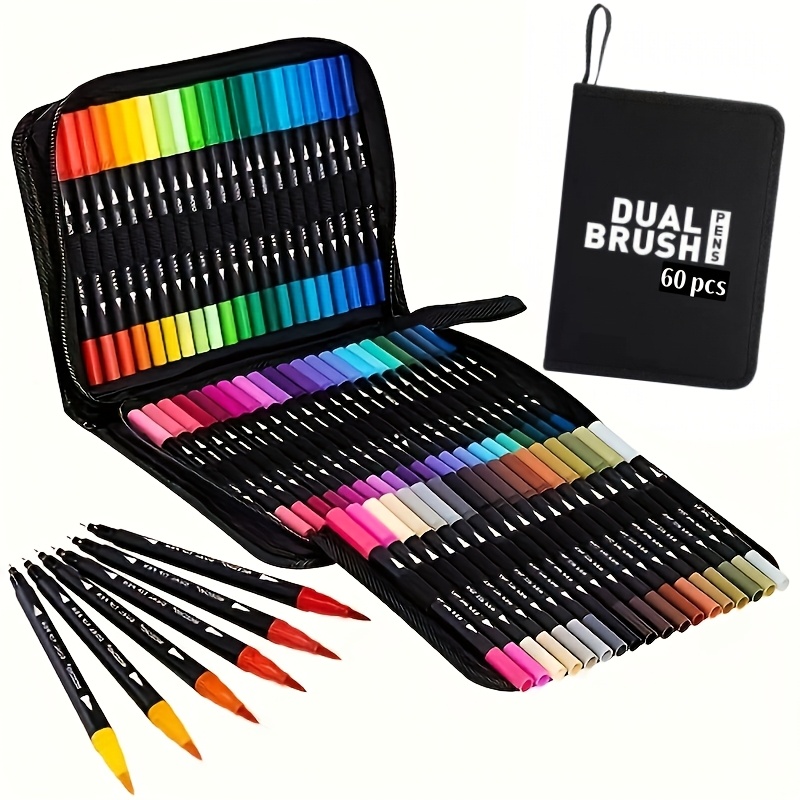 

d'art à double brosse, 60 couleurs, ensemble de stylos pour pour colorier des livres, des journaux à bulles, la et le dessin, pointe de brosse flexible et pointe fine, matériau en plastique avec étui