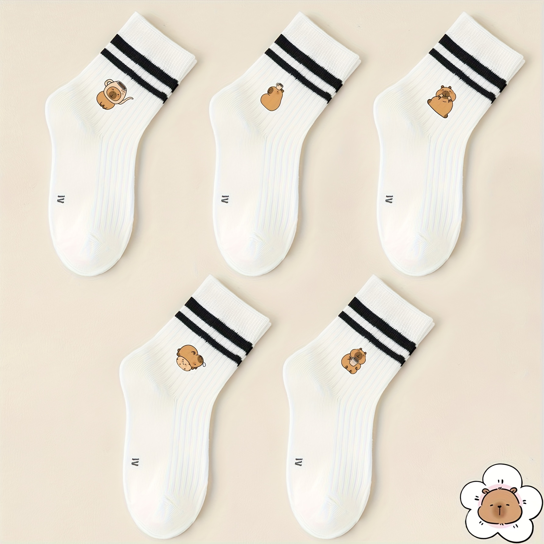 E-shop Eine Auswahl an 1/5 Paar bezaubernden Capybara-Socken, die bis zur Mitte des Unterschenkels reichen, mit lebhaften Designs, die Freude