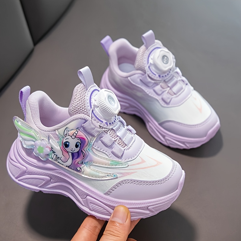 girls cartoon sneakers with rotating button cushioned non slip thick sole casual running shoes for teens breathable fabric wear girls shoes details 5