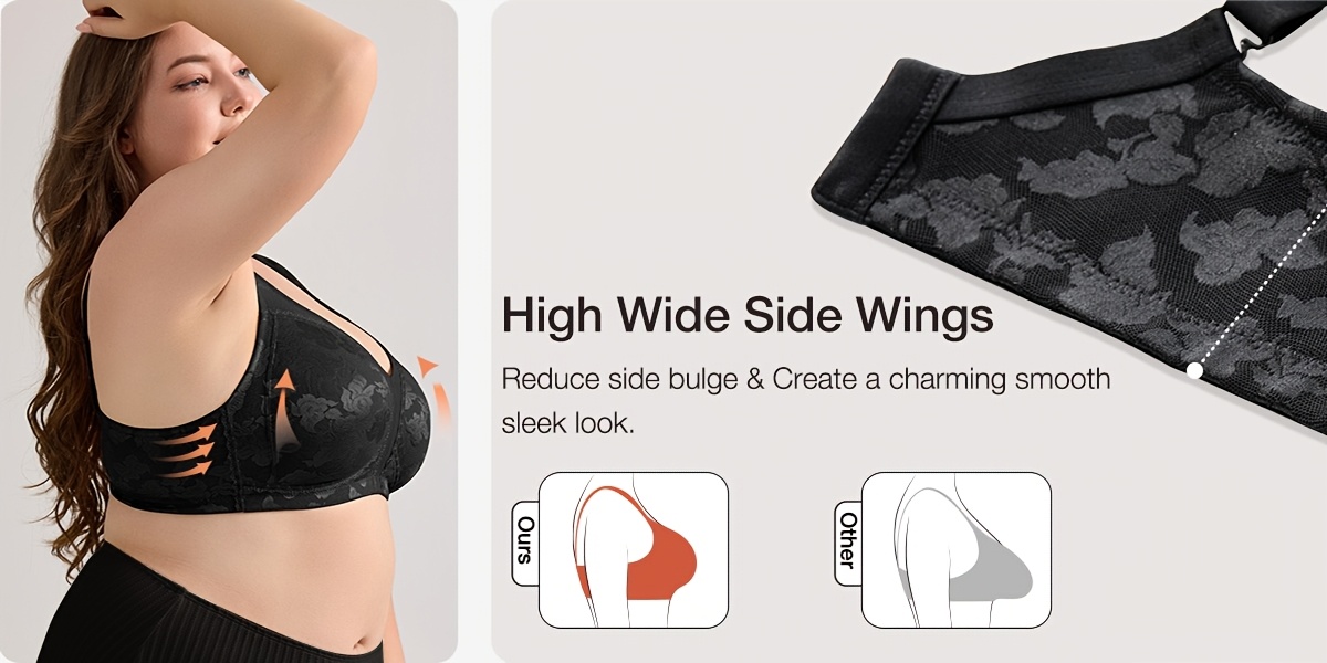 wireless   sports bra for plus sizes featuring a v neck seamless bralette with a floral mesh design double layer support wide straps and full coverage   in sizes 36b to 48g details 3