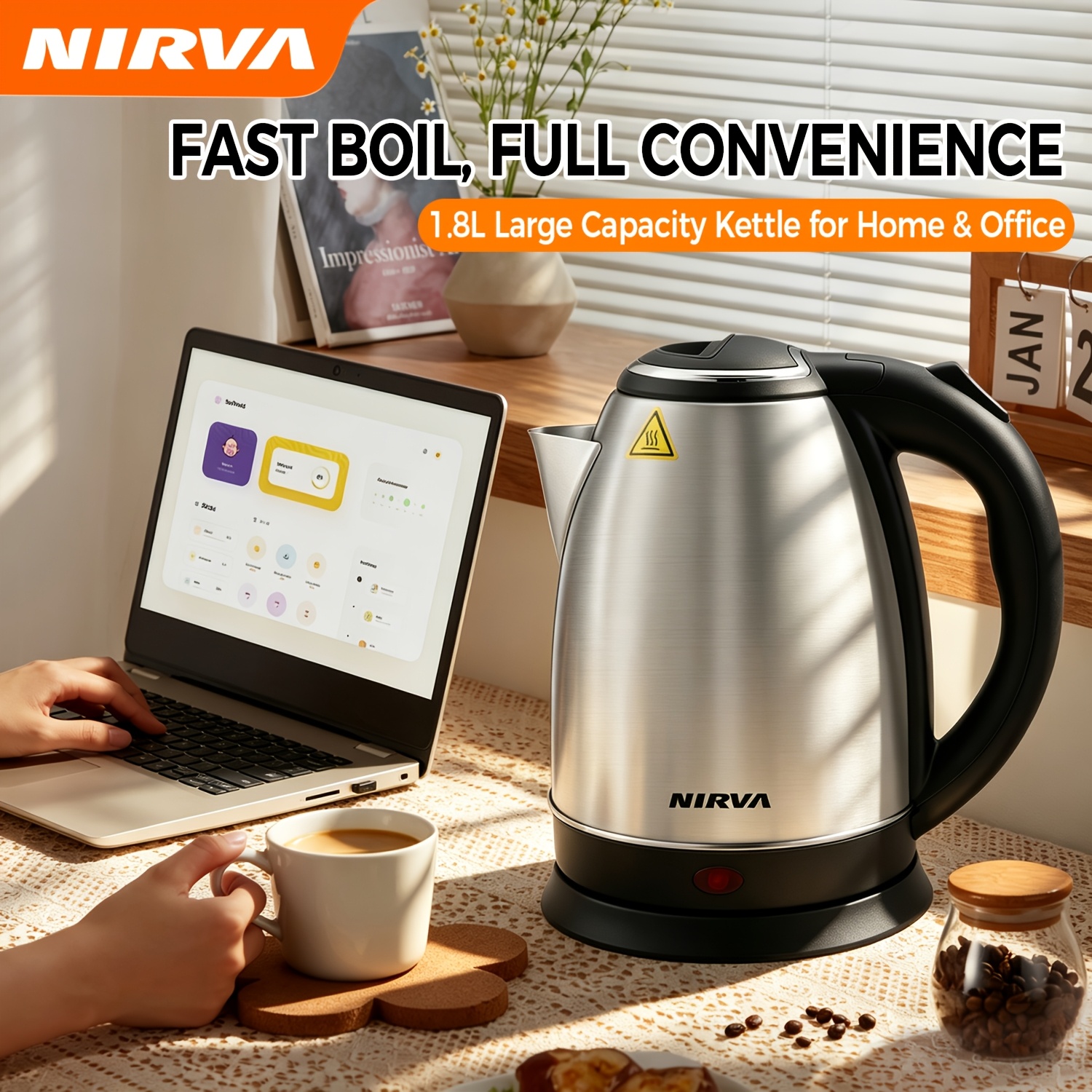 Image of Nirva 1.8l Electric Kettle, Double-layer Stainless Steel Body, Built-in Thermostat Auto Shut-off & Boil-, Large-diameter Lid Opening For , Fast Boil For Home And Office