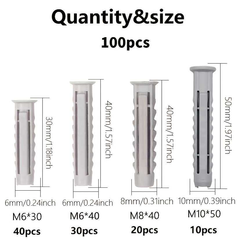 E-shop 100-teiliges Wandanker-Sortiment-Set 6mm/8mm/10mm – Metrische Wanddübel in gemischten Größen, geeignet für Heimwerkerprojekte Reparaturen