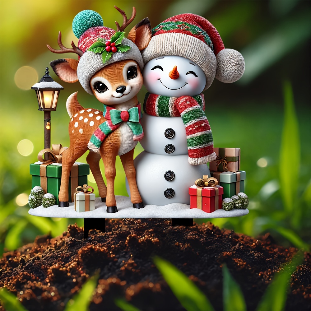 

Merry Christmas Acrylic Garden Stake - Cute Elk & Snowman Design, 11.8"x9.8", Planters, Lawns & Yards, Boho Outdoor Art Decor, Ideal Gift For Plant Enthusiasts