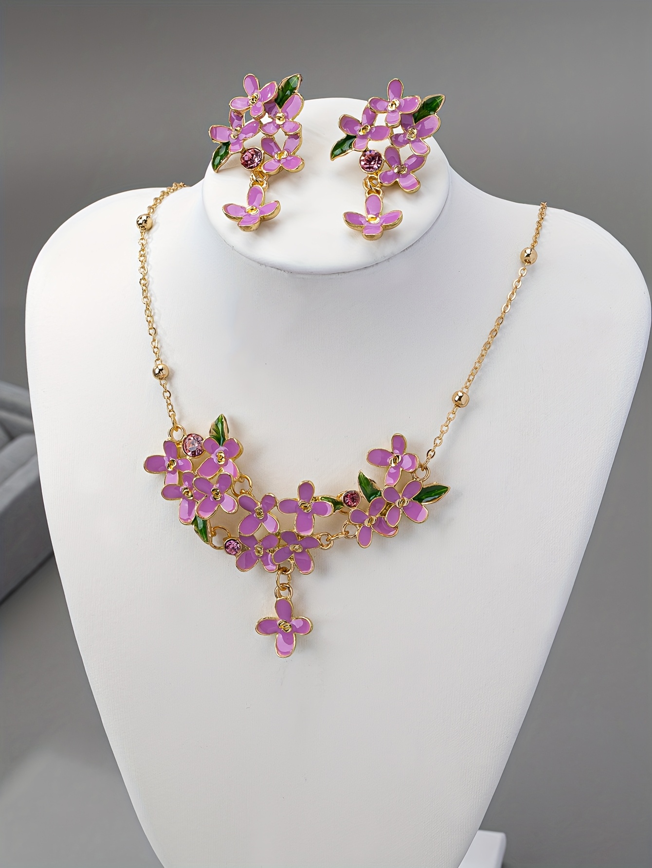 elegant  -inspired enamel lilac flower jewelry set - necklace & earrings,   birthdays, dates, parties, and everyday chic details 3