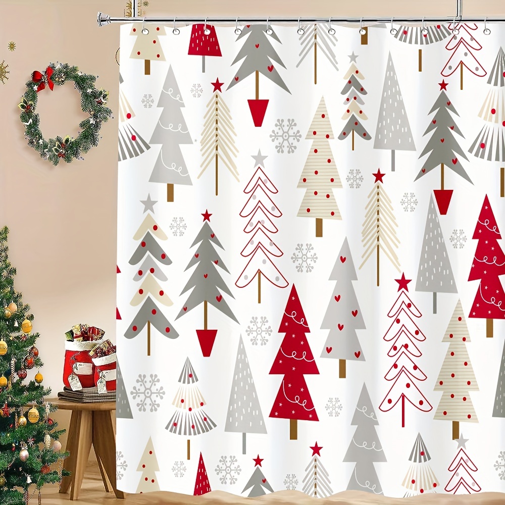 

Festive Red And White Christmas Shower Curtain: 72" X 72" With Adorable Christmas Tree Pattern And Hooks For Easy Installation