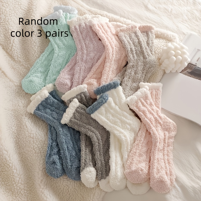 Image of 6pcs (3 Pairs) Ladies Fleece Socks - Fleece, Rib Trim, Light Color, Machine Washable Indoor And Outdoor Comfortable Plush Socks, Soft Texture, , Light-colored Socks, Comfortable Fabrics, Random Colors