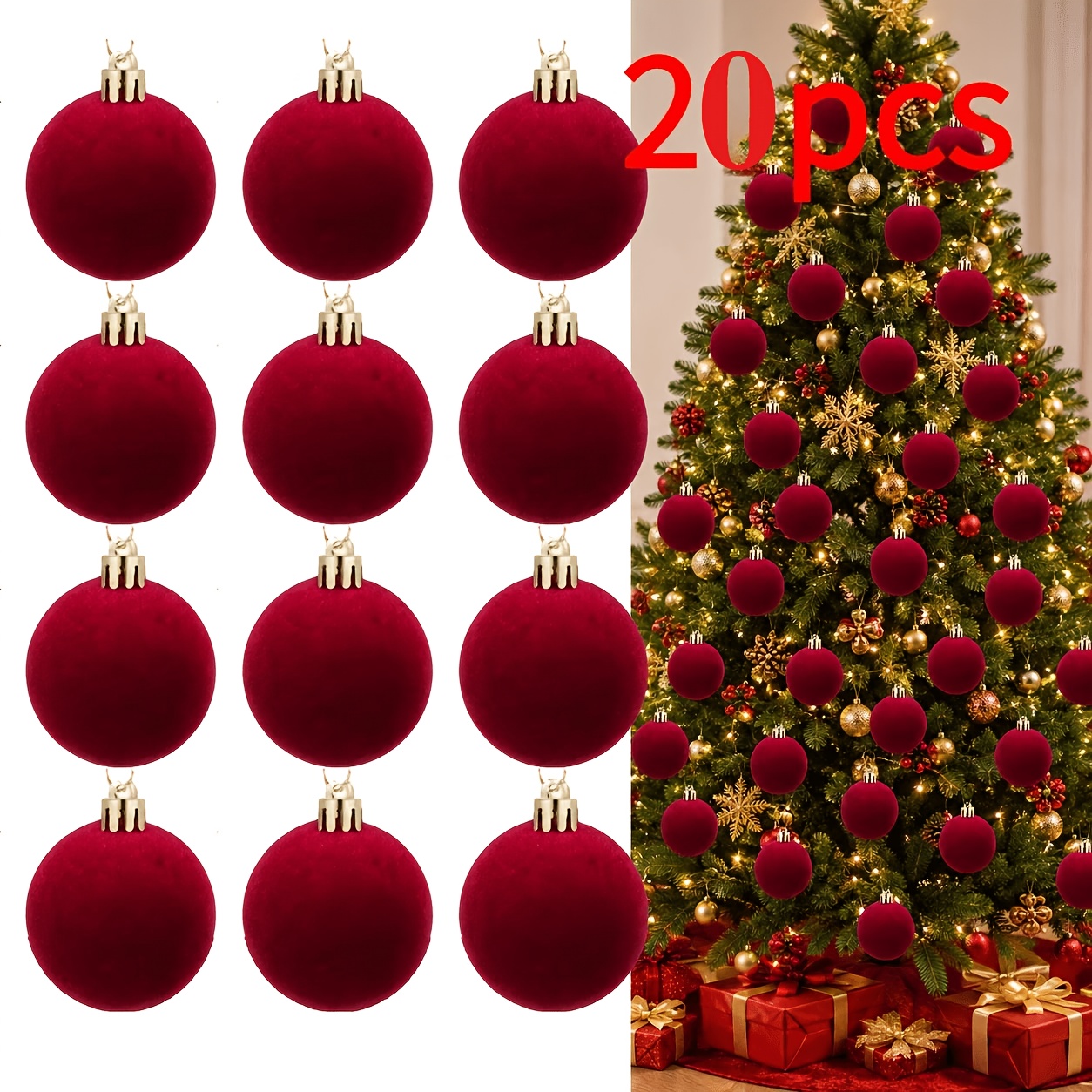 TEMU 20pcs Burgundy Velvet Christmas Balls, Home Decor Tree Ornaments - For Thanksgiving, Birthday, And Wedding Crafts, Durable Plastic Hangings For