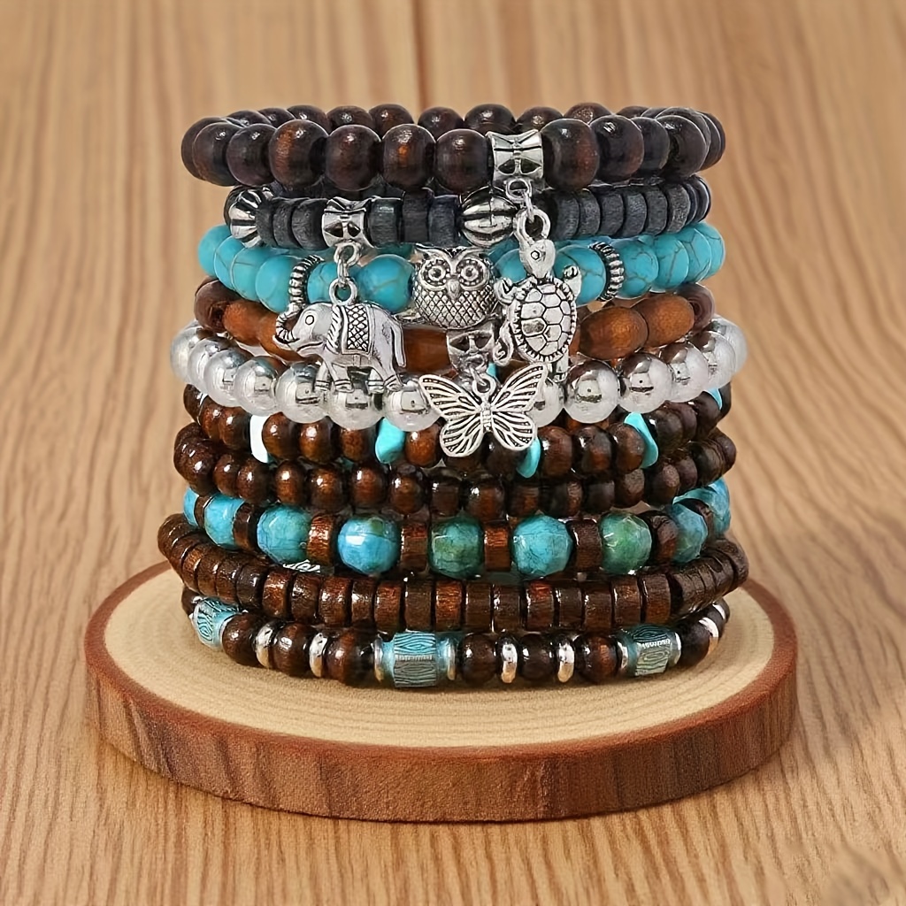 Conjunto de 12 pulseiras de contas de   com pingentes de    , elefante e   - Pulseiras de contas empilháveis de estilo boémio para homens e mulheres, joias de  , presente de Dia   Namorados, Ano    , Festival de  , Vestuário Casual, Acessórios de Pulseiras de Contas