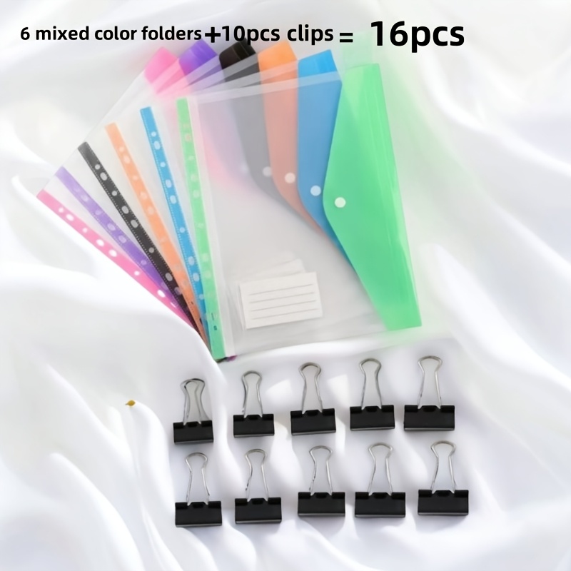 E-shop 16-teiliges Set (6 A4 Ordner mit großem Fassungsvermögen + 10 Clips), mit 11-Loch Ordnerringen, modernes PP-Material, erweiterbare Knopf- und