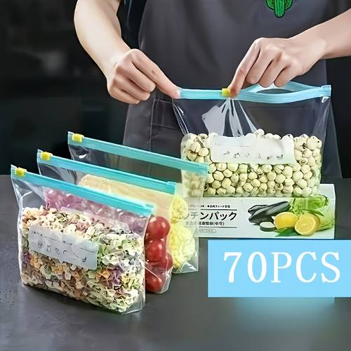 70pcs 3 size sealable food storage bags reusable zipper storage bags durable zipper design food grade material high quality food seal bags ideal for fruits vegetables and meat heavy duty multi purpose food grade