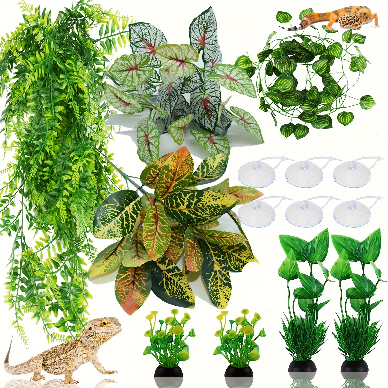 

14 Pcs Artificial Reptile Plants: Terrarium Hanging Leaves, Tank Accessories, Decorations For Bearded Dragons, Lizards, Geckos, And