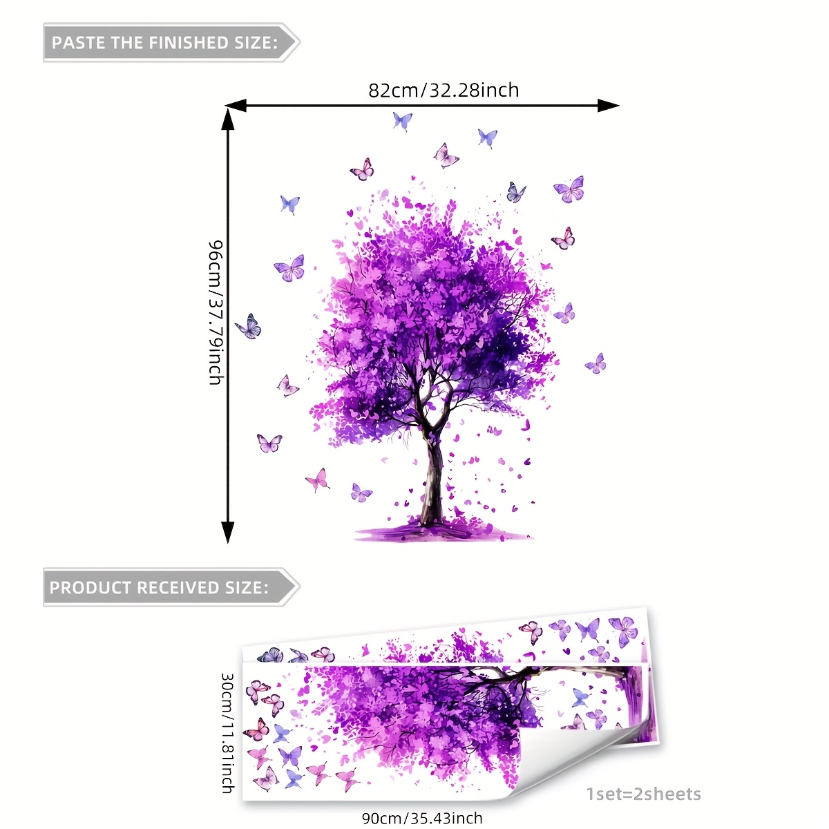 Image of 2pcs Set Purple Large Tree Flowers Butterflies Home Decor Wall Stickers For Bedroom Living Room Sofa Entrance Background