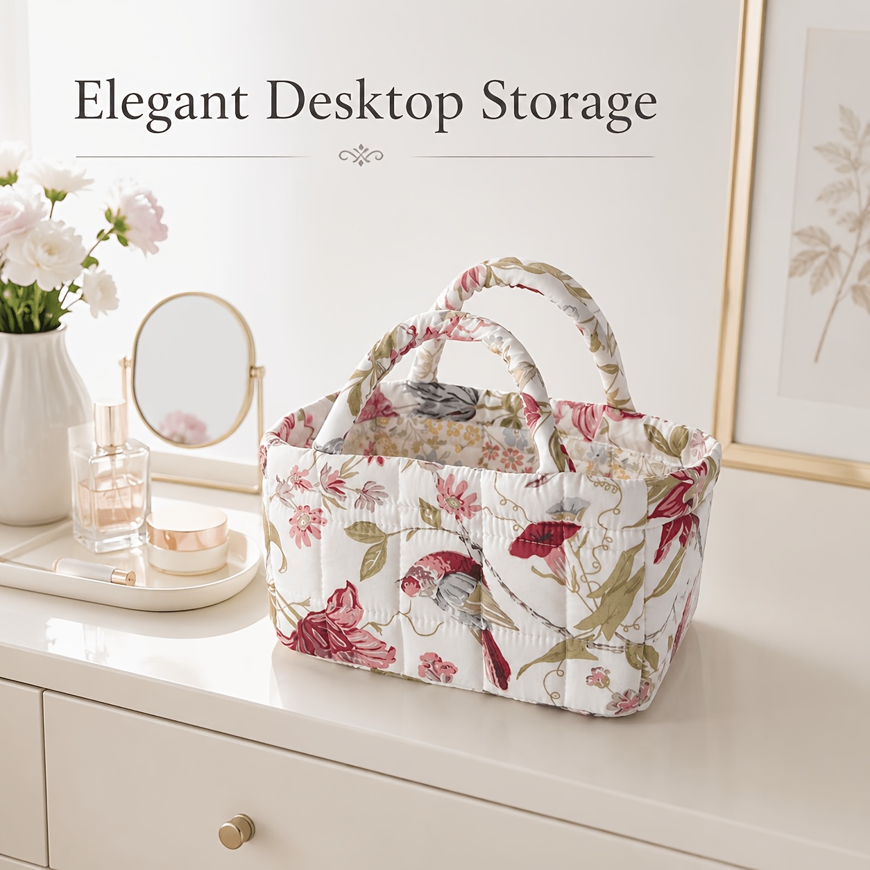 TEMU Petit panier de rangement pour bouquet, panier en tissu matelassé avec poignées, joli panier décoratif pour cosmétiques, articles de toilette,