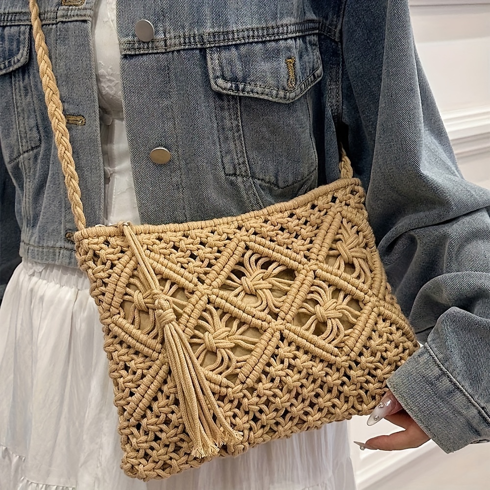 

Handcrafted Bohemian Woven Rope Crossbody Bag - Chic Summer Beach Clutch For Women In Khaki/white/black, Tassel Accent, Zip Closure, Polyester Lined, Beach Bag