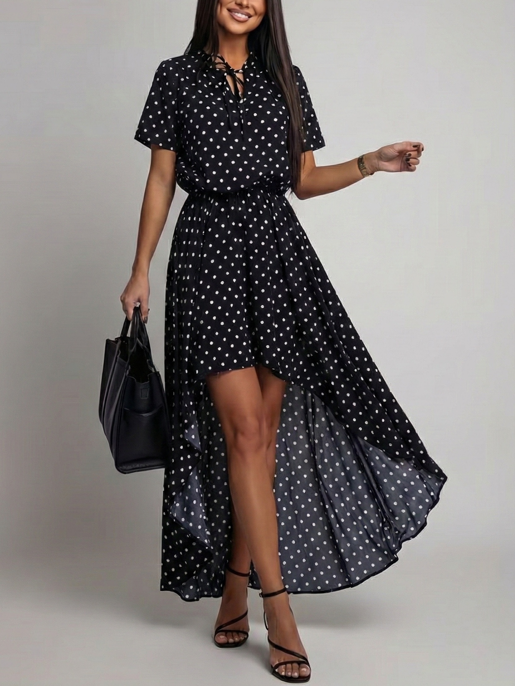 Retro Black Background White Polka Dot Dress Women Short-Sleeved Neckline Tie Waist Front Short Back Long Irregular Swallowtail Skirt Flowing Chiffon Long Skirt Light Mature Style Daily Dating Vacation Versatile Dress