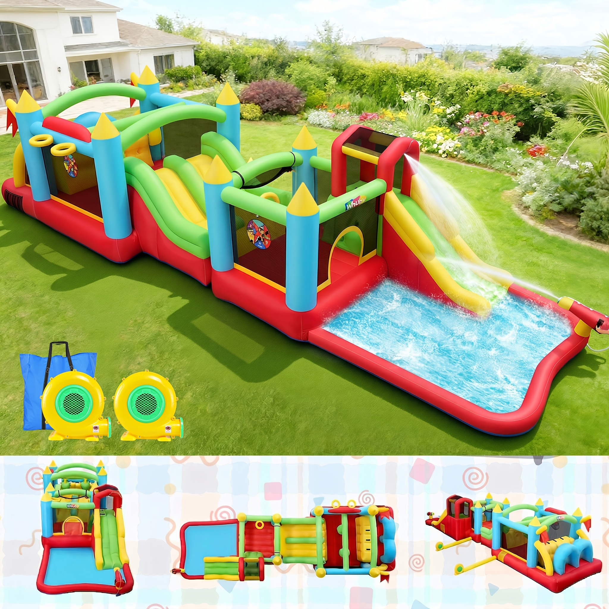 Mega Inflatable Pool Water Slide With Obstacle Course/long Slide/jump Area/ 2 X Blower, Giant Water Park With Basketball Hoops, Climbing Wall, /ball Pit, Water Slide For Home Summer Fun