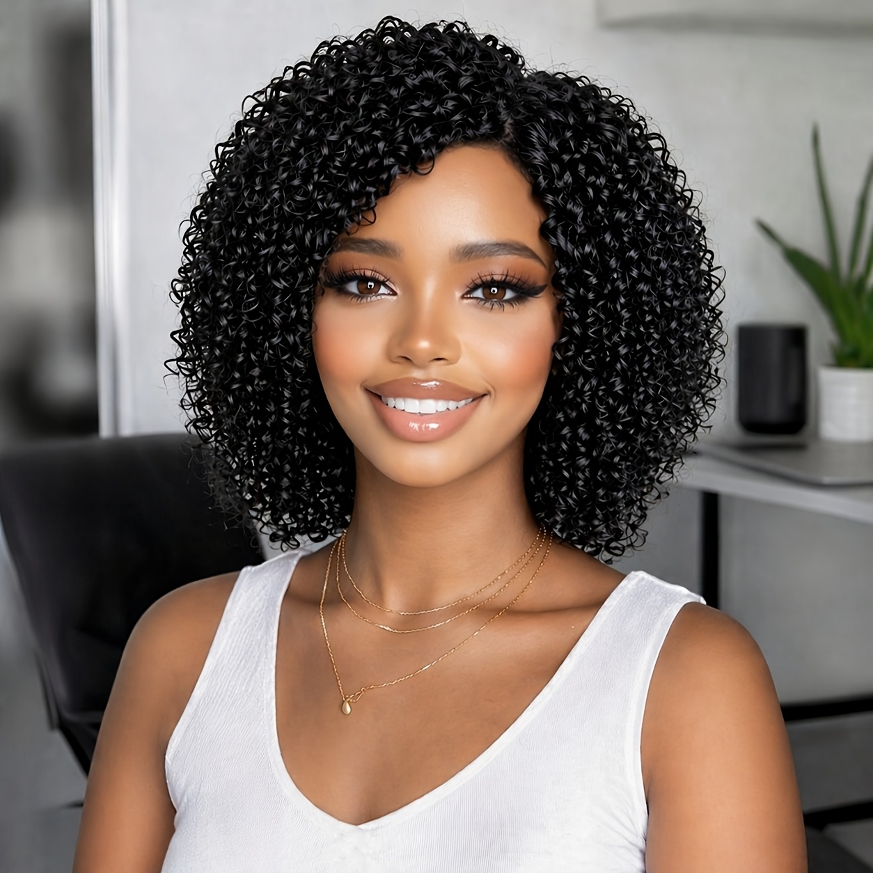 TEMU Women's Afro/ Bob Wig - Human Hair 8 Inch Cap For - Glueless 180% Density - Natural Texture & Volume - Low Maintenance Styling - All-ages Short