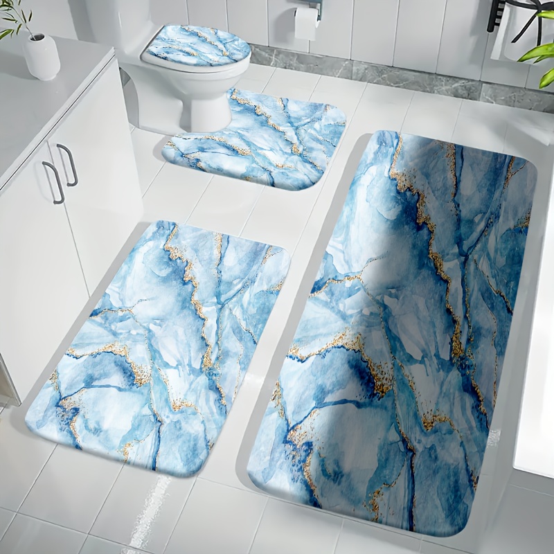 TEMU 4pcs Bathroom Non-slip Mat Set, Luxurious Blue Marble Pattern Shower Curtain Four-piece Set - Golden Glitter Embellishment, Elegant Bathroom