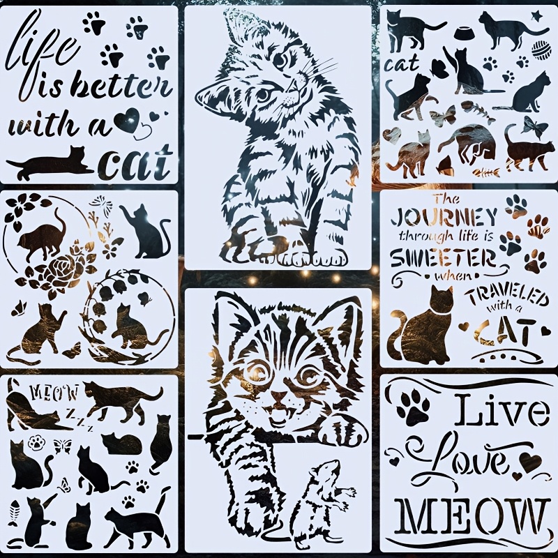 Image of 8pcs Cat-themed Painting Stencils Set - Reusable & Washable For Diy Art, Scrapbooking, Crafts, Home Decor | Durable Plastic Templates For Wood, Canvas, Paper, Fabric, Glass