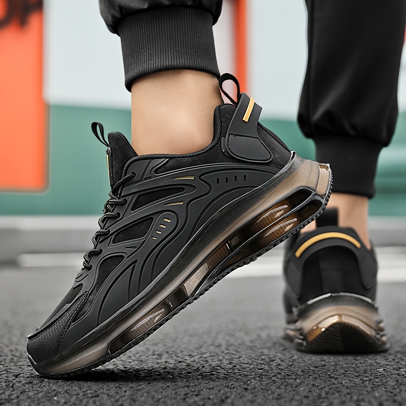 Men's Breathable High-Elasticity Shock-Absorbing Casual Sneakers - Lightweight Low-Top Outdoor Running Shoes with Cushioned EVA Sole, Durable PU Upper & Fabric Lining for Hiking, Daily Wear (Black/Golden Accents)