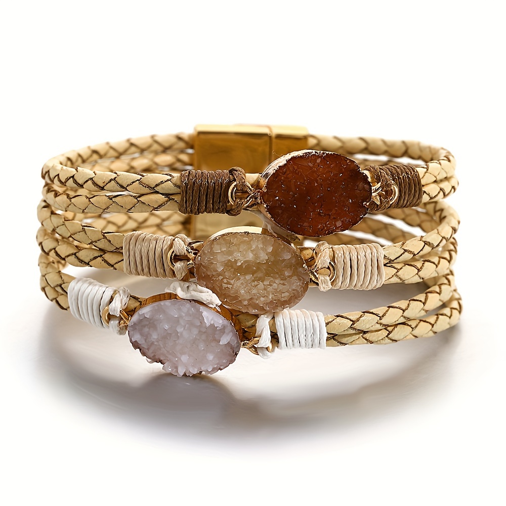 Image of Bohemian Triple Stone Wrap Bracelet - Multilayer Braided Artificial Leather Wristband With Natural Stones - Anniversary Gift Idea For Women