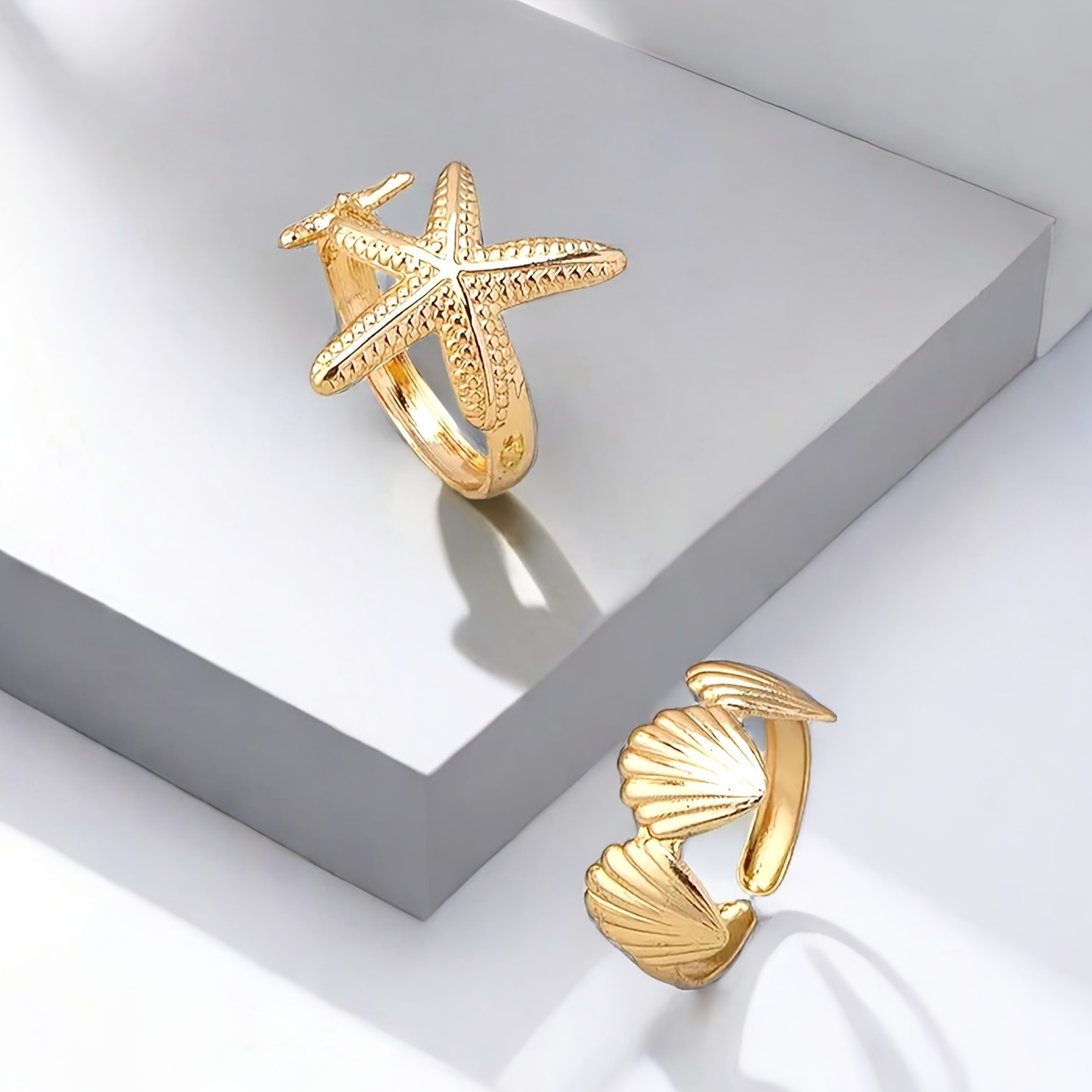 2pcs 3D Starfish & Shell Vintage Style Adjustable Ring Set