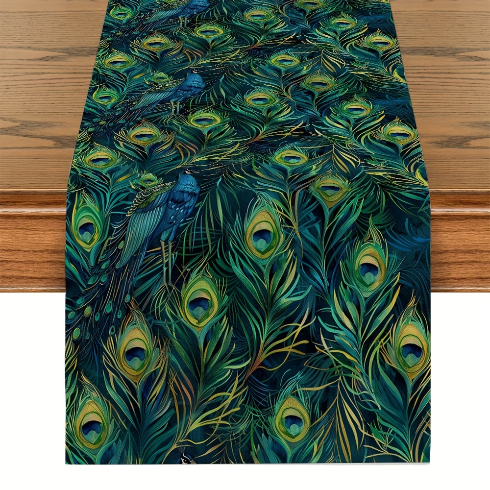 

1pc, Table Runner, Green And Blue Peacock Feather Printed Table Runner, Dustproof & Wipe Clean Table Runner, Perfect For Home Party Decor, Dining Table Decoration, Aesthetic Room Decor