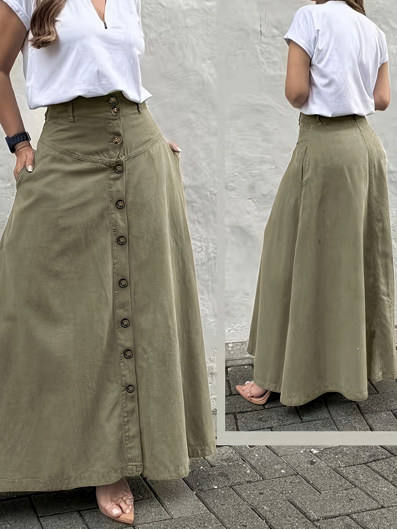 Women's Elegant Solid Color High Waist Mid-Long Skirt, Fashionable and Practical with Pockets and Button Front Slit A-line Skirt, Can be Worn in Spring, Summer, Autumn and Winter
