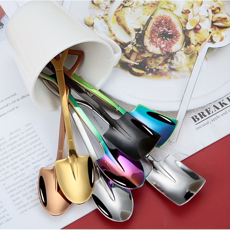 

10pcs/set Stainless Steel Creative Retro Shovel-shaped Coffee Spoons, Multicolor Dessert, Watermelon, Ice Cream & Cake Spoon, Dining & Kitchen Utensil