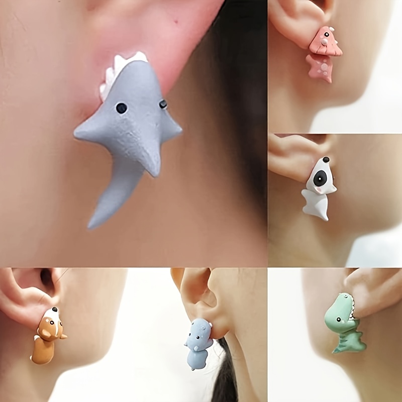 

14pcs Animal Earring Set - Dinosaur, Puppy & Whale Designs - Clay-bite Style For Women - Alloy, & Quirky Gifts