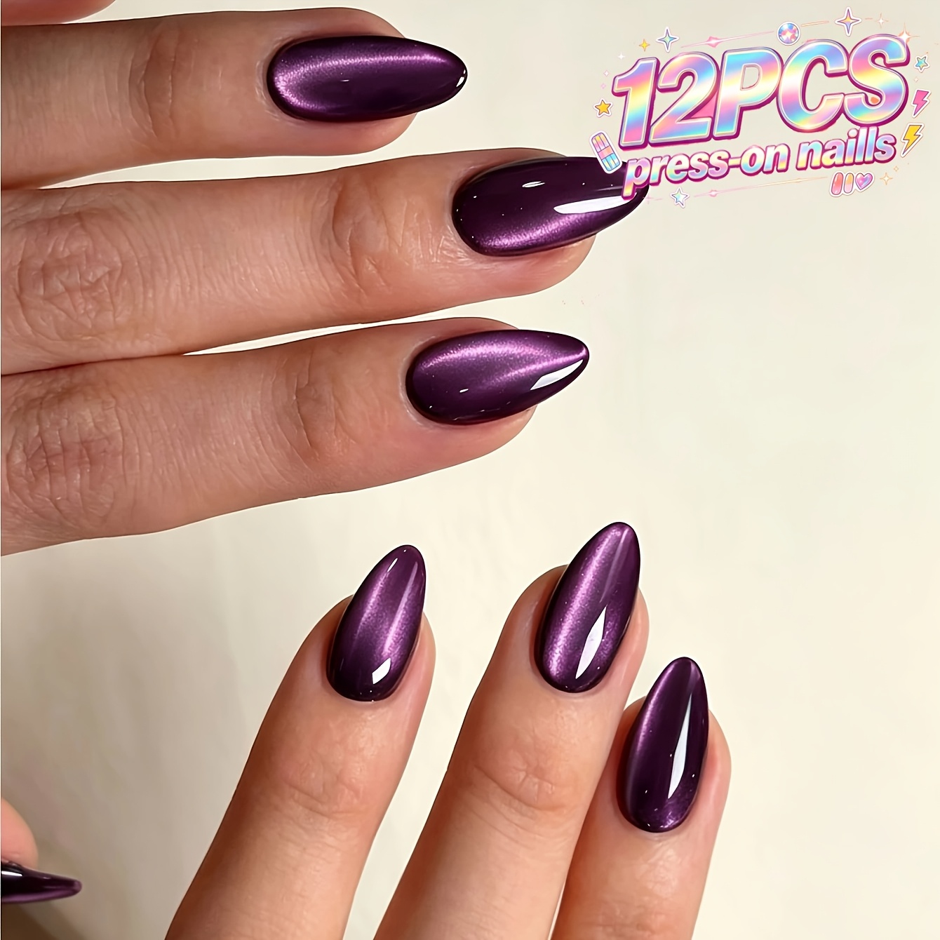 TEMU 12pcs French Glitter Fake Nails Suitable For Women - Almond Shape Medium Length Press- Nails With Purple Cat , Glitter Tip Extensions For Daily