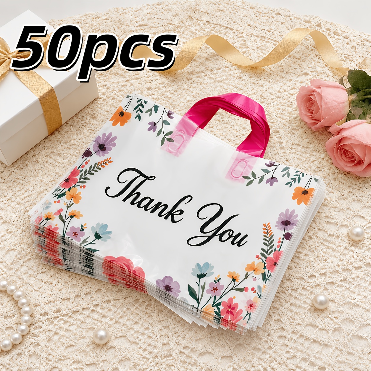 TEMU 50/100pcs "thank You" Plastic Floral Gift Bags With Handles, Reusable Merchandise Bags For Flower Shops, Retail Stores, Clothing Boutiques,