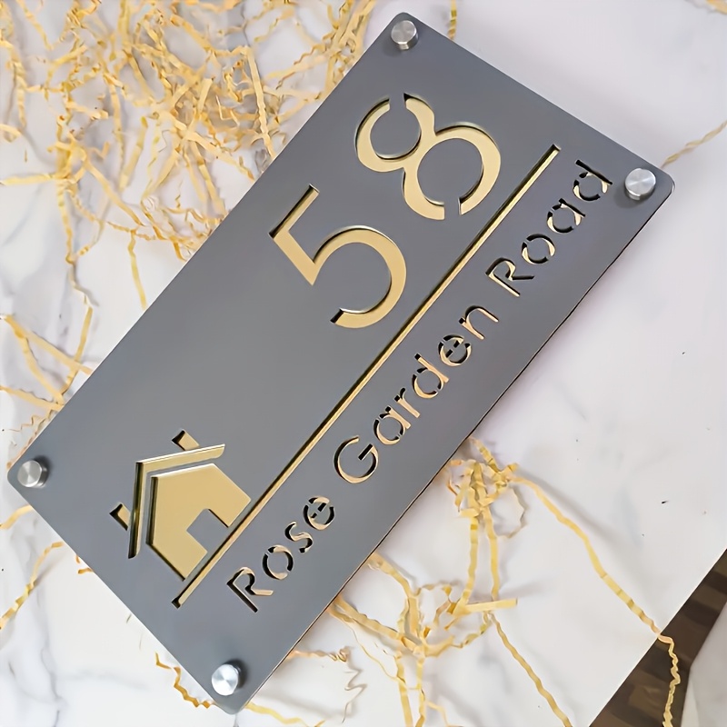 TEMU Custom House Number Acrylic Matte Black Silvery Outdoor Durable Address Plate, Decorative Nameplate, 2d Flat Design