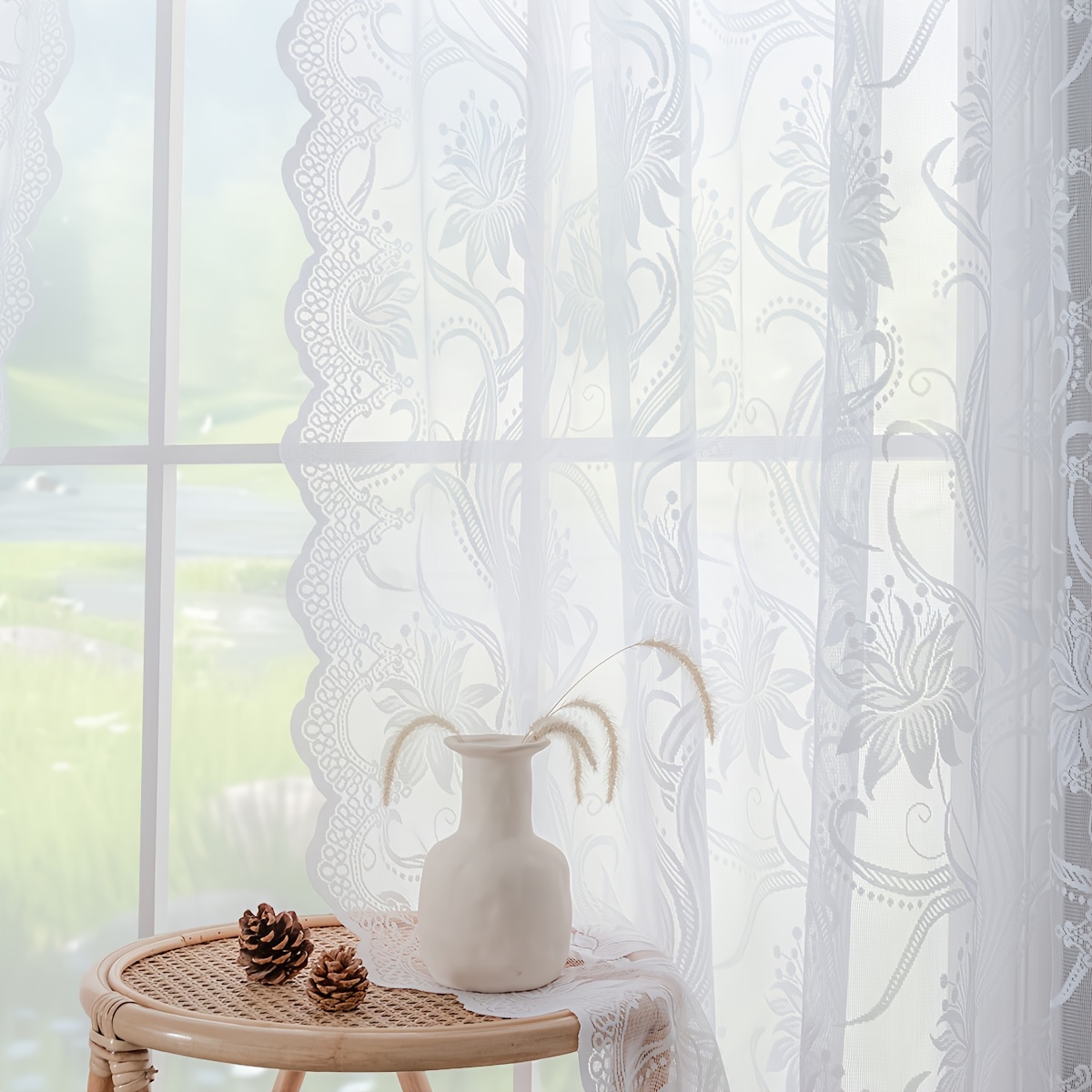 Image of 2pcs Of Sheer Lace Window Curtains, Unlined, Light-filtering, Flowing, Wrinkle-free, Machine Washable, With 2 Matching Panels, Suitable For Bedroom, Kitchen, Wardrobe, Decorative Window Drapes