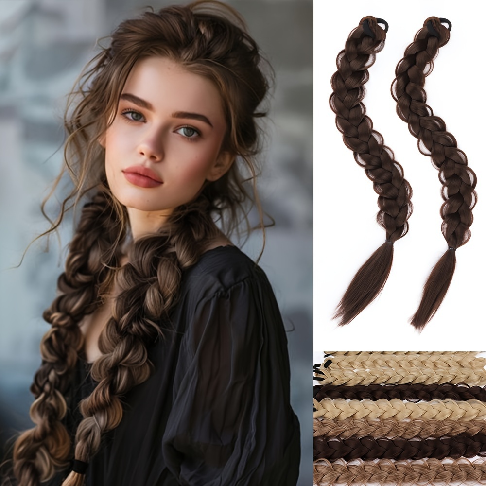 TEMU 2pcs Long Hair Ponytail Braids Twist Braids Rubber Ring Ponytail Reddish Brown Ponytail Synthetic Hair Suitable For Women' Wear And Role Playing