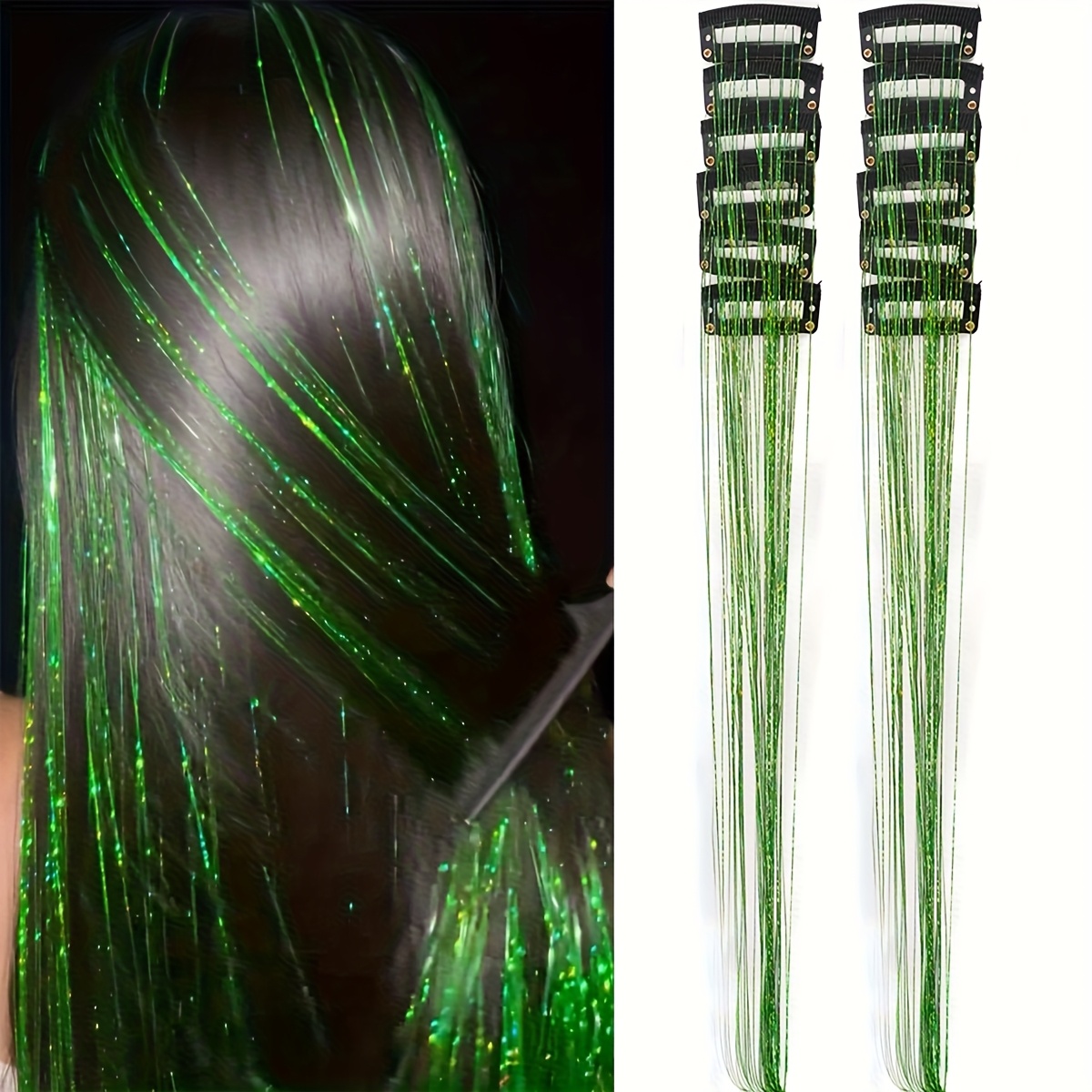 TEMU Modische Damen Haarverlängerungen Packung mit 12 Stück, Clip-in Haar Glitzer 20 Zoll Bunte Glitzer Haarverlängerungen, Festival Geschenk Glitzer