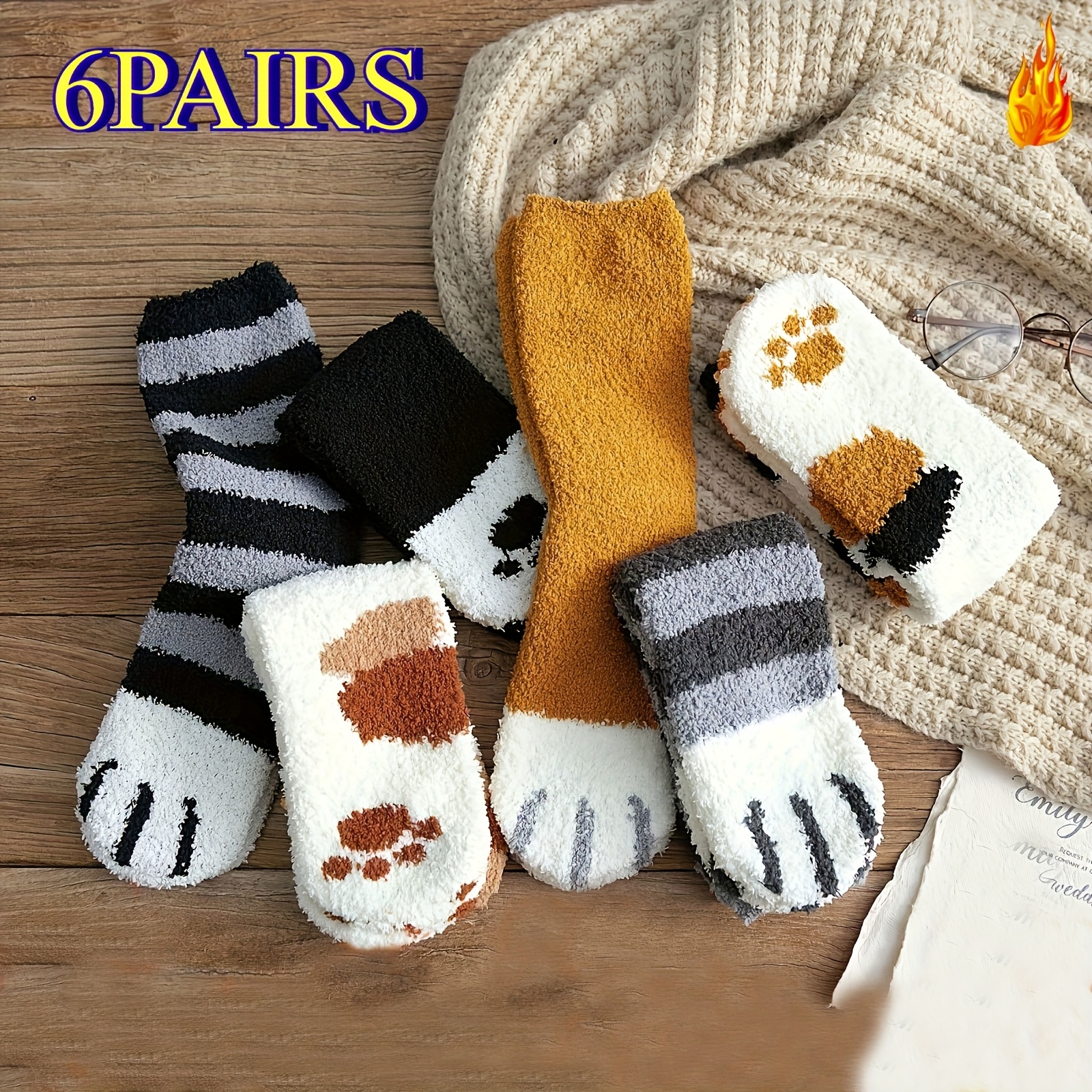 

Set Of 3/6/10 Adorable Cat Paw Print Plush Slippers And Socks, Featuring Women's Striped And Cozy Floor Socks, For And , Made From Knitted Polyester, And Winter .