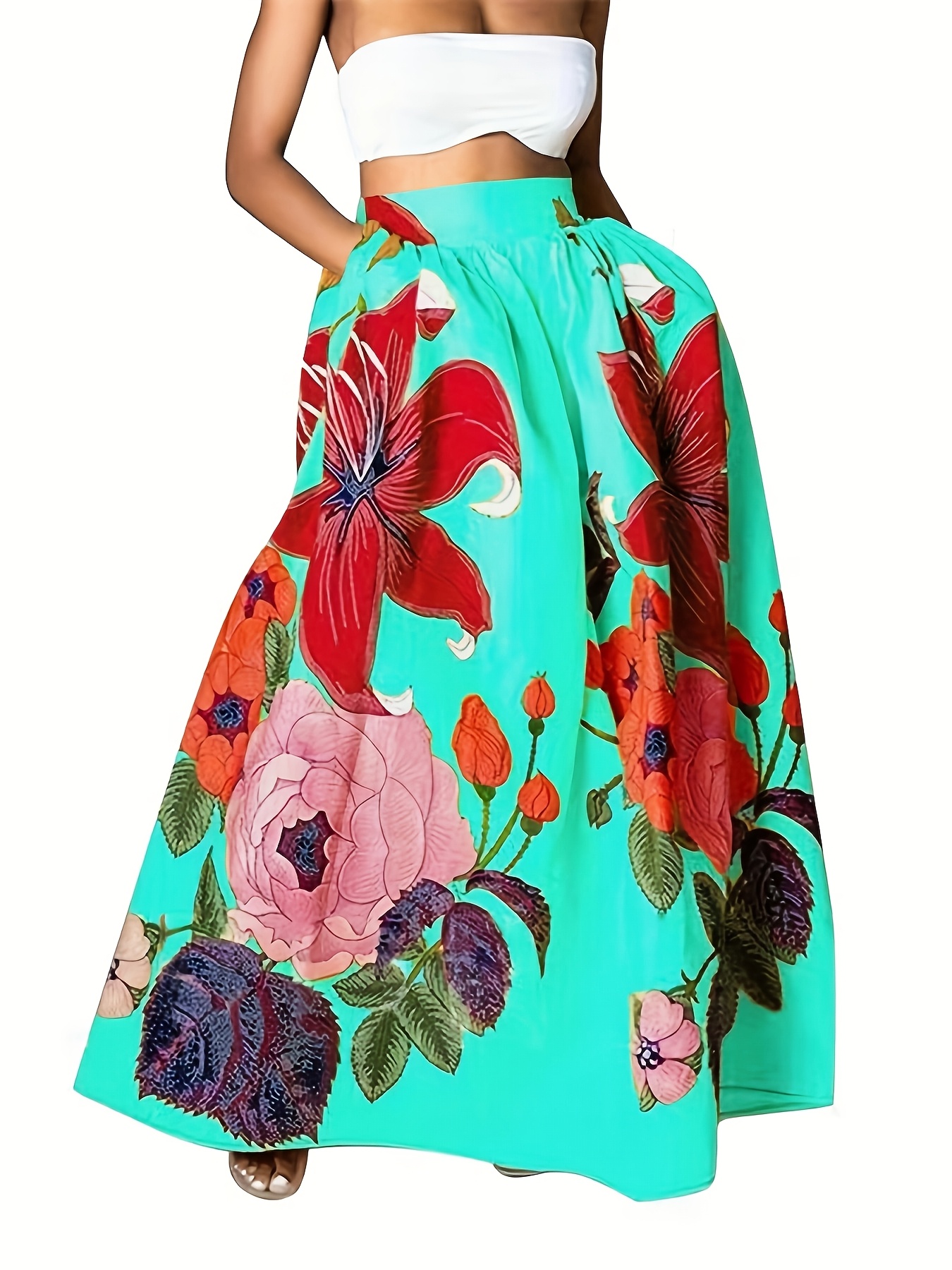 Women's Plus Size Elegant Floral Print Skirt High-* A-Line Silhouette  with Vibrant Red on Yellow Fabric, Machine Washable,  Spring/Summer/Fall,