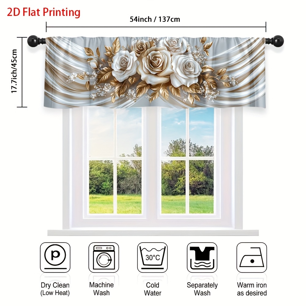 TEMU 2d Flat - 2d Flat - 1pc Of Romantic Rose-themed Decorative Valance Curtain With A 2d Flat Print And Rod , , Suitable For Bathrooms, Laundry