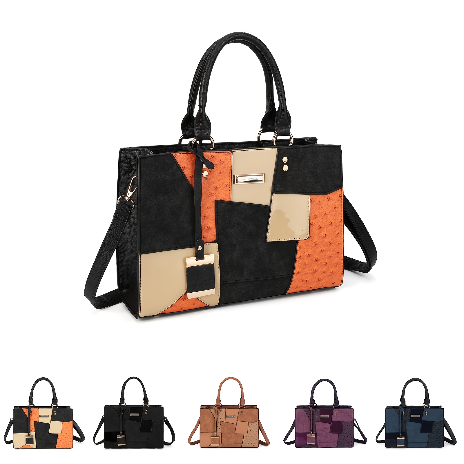 Image of Geometric Pu Tote Bag, A Casual Daily Adjustable Nameplate Decorative Handbag, Suitable For Travel, Business Trips, Shopping And Single Shoulder Crossbody Bag