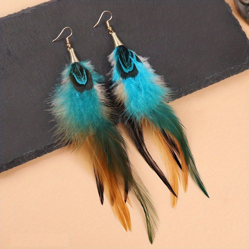 TEMU Pendientes de estilo bohemio, coloridos pendientes largos de plumas tribales naturales para mujer, adecuados para vacaciones, fiestas, vestidos
